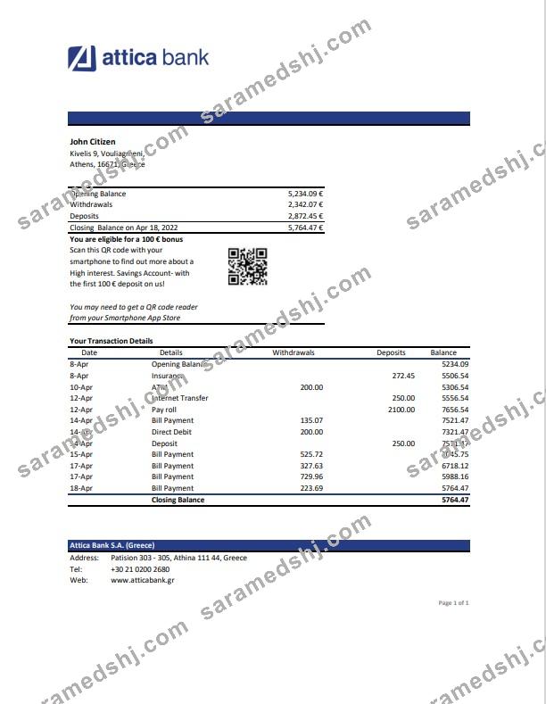 Greece Attica bank statement template, Excel and PDF format